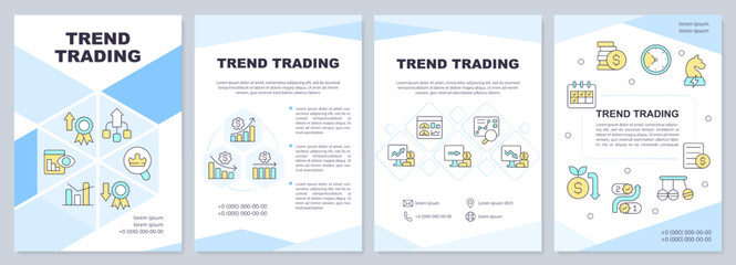 Fototapeta na wymiar Trend trading blue brochure template. Stock market analysing. Leaflet design with linear icons. Editable 4 vector layouts for presentation, annual reports. Arial-Black, Myriad Pro-Regular fonts used