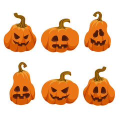 Set of Halloween cartoon orange pumpkins isolated icons. Trick or treat party invitation. Pumpkin lantern monsters