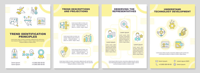 Trend identification yellow brochure template. Market research. Leaflet design with linear icons. Editable 4 vector layouts for presentation, annual reports. Arial-Black, Myriad Pro-Regular fonts used