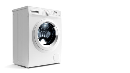 3d render washing machine on a white background from the side of the background there is a place for the text home appliance, laundry
