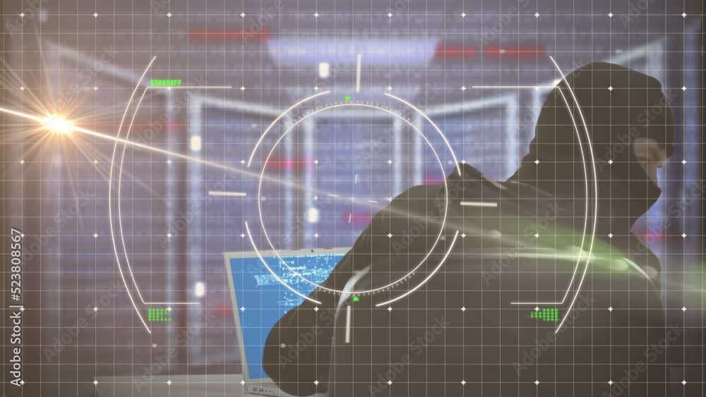 Wall mural Animation of viewfinder, light and servers over caucasian male hacker