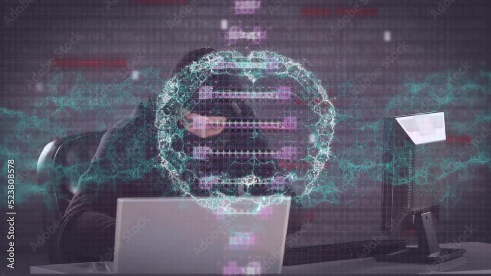 Poster animation of data processing over hacker with laptop