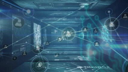 Animation of network connecting dots, scientific data processing on digital interface in server room