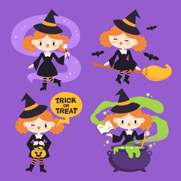 Hand drawn flat Halloween witches collection.