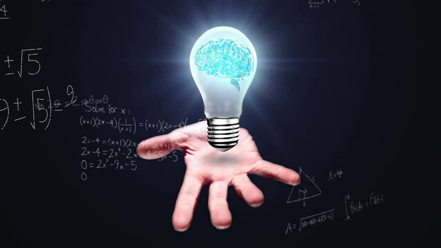 Animation of bulb with brain over caucasian man hand and math formulas on black background