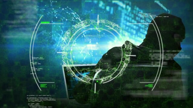 Animation of viewfinder, lights, data and brain over caucasian male hacker