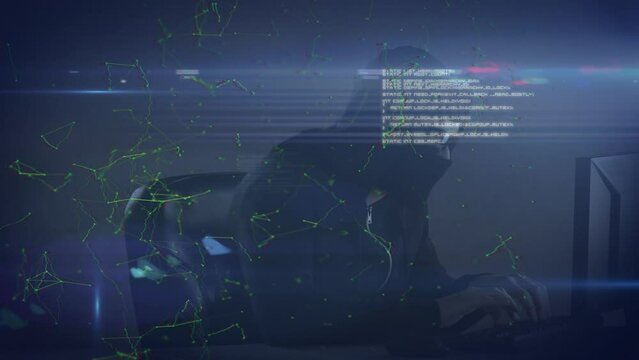 Animation of data processing, lights and connections over caucasian male hacker