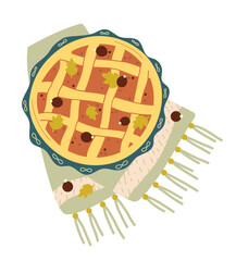 Seasonal homemade autumn pie with apple. Traditional delicious pumpkin sweet dessert. Happy thanksgiving day. Hand drawn vector illustration isolated on white background.