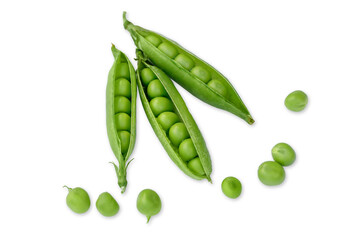  Fresh green pea pods and peas isolated on the white background. Close up 