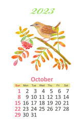 bird calendar 2023. watercolor painting. october