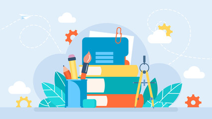 Office supplies. School supplies: books, notebooks, pens, pencils, eraser, paints, brushes, notepad, compass, paper clip, glass, document. Back to school. Flat business style. Vector illustration.