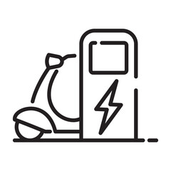 Electric Scooter and Charge station outline icon. Line Motorbike and Charge Station illustration