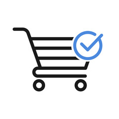 Shopping Cart and Check Mark icon. Blue tick illustration