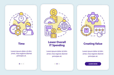 Startup consulting fields onboarding mobile app screen. Creating value walkthrough 3 steps editable graphic instructions with linear concepts. UI, UX, GUI template. Myriad Pro-Bold, Regular fonts used