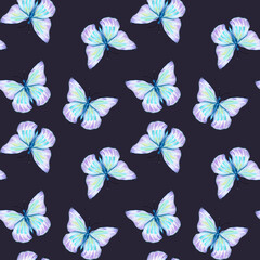 Meadow blue butterflies watercolor illustration seamless pattern on dark.