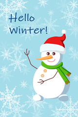 Greeting card with cute snowman on the light background. Copy space. Vector illustration.