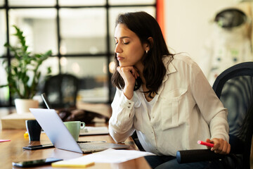 Happy businesswoman working on laptop. Portrait of beautiful businesswoman in the office..