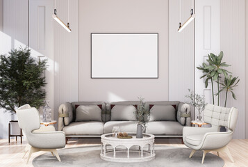 Fototapeta premium mock up poster frame in modern interior fully furnished rooms background, living room,