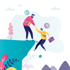 Help in difficult situation. Confident businessman pulls unhappy colleague out of abyss. Partnership, helping hand. Providing financial support, rescue from bankruptcy.
