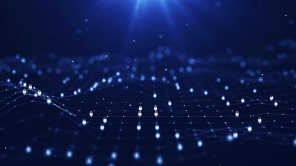 Polygons are connect with lines and dots. There is a padlock icon on top with a dark blue background. Abstract background cybersecurity technology concept.	
