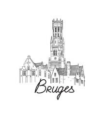 Fototapeta premium Bruges city skyline, Belgium. Beautiful Brugge city tower travel landmark line drawing. Street cityscape. World tourism poster. Vector illustration of european Medieval architecture white background