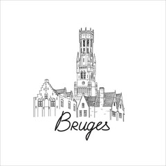 Naklejka premium Bruges city skyline, Belgium. Beautiful Brugge city tower travel landmark line drawing. Street cityscape. World tourism poster. Vector illustration of european Medieval architecture white background