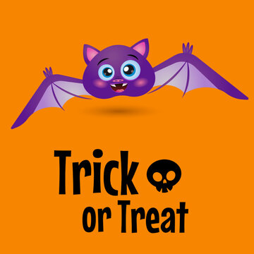 Trick or Treat Halloween text with cute funny bat on orange background.