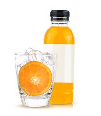 orange fruit and orange juice in bottle white glass and ice isolated on white background