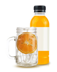 orange fruit and orange juice in bottle white glass and ice isolated on white background