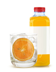orange fruit and orange juice in bottle white glass and ice isolated on white background