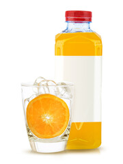 orange fruit and orange juice in bottle white glass and ice isolated on white background