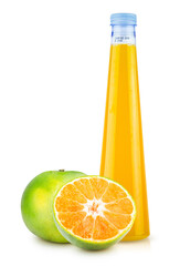 orange fruit and orange juice in bottle white glass and ice isolated on white background