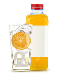 orange fruit and orange juice in bottle white glass and ice isolated on white background
