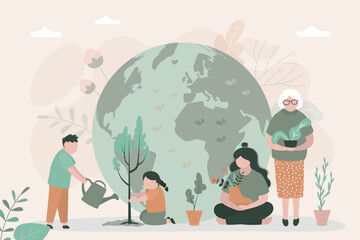 Girl and grandmother holds seedlings for planting. Children plant, water tree. Eco-activists jointly take care of planet and green it