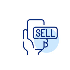 Hand holding smartphone with sell button. Pixel perfect, editable stroke line art icon