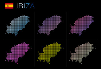 Fototapeta na wymiar Ibiza dotted map set. Map of Ibiza in dotted style. Borders of the island filled with beautiful smooth gradient circles. Authentic vector illustration.