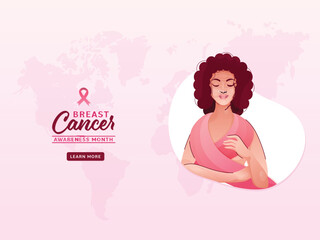 Breast Cancer Awareness Month Concept With Young Woman Wore Pink Ribbon, Breast Cancer Awareness Symbol on World Map Background.