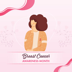Breast Cancer Awareness Month Concept With Young Woman Wore Pink Ribbon Badge, Breast Cancer Awareness Symbol. Healthcare Background.