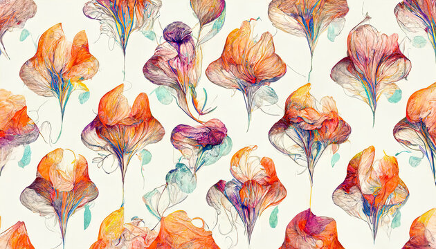 Hand-drawn summer floral background. Botanical seamless background of abstract flowers. Sketch drawing. Vintage style.
