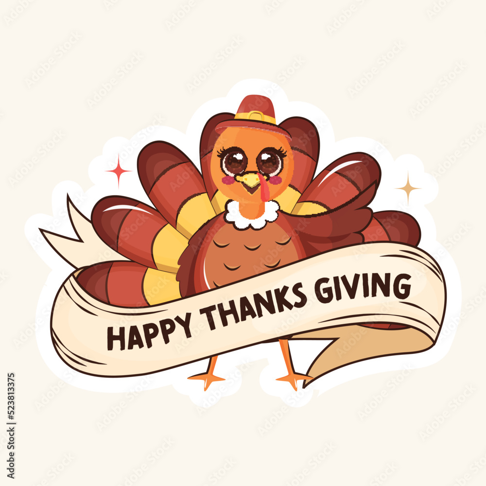 Poster Happy Thanksgiving Sticker or Label With Smiling Turkey Bird and Ribbon.