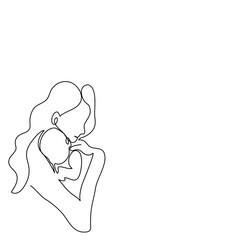 Beautiful mum hugging a first born in her arm.Young mother holding baby in her hand in single line drawing style.Vector isolate flat continue line design  of family or Happy Mother’s Day celebrations