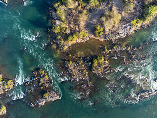 river bird top view with rocks, sand and forest