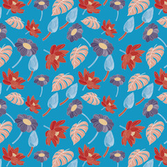 Obraz premium Seamless pattern of international orange golden gate bridge and Aero lotus, Purple navy sunflower and Dark salmon beautiful leaves on blue green color background. Used for gifts , textile design.