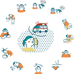 コロナ感染者　症状悪化の兆しの諸症状　セット　イラスト素材		
