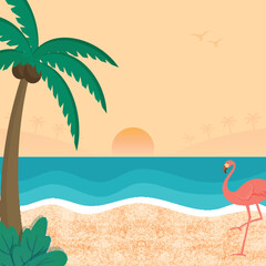 Fototapeta na wymiar Beautiful Beach View Background With Coconut Tree, Flamingo Bird And Sunrise Or Sunset.