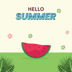 Hello Summer Poster Design With Watermelon Slice, Flowers, Tropical Leaves On Green And Pastel Yellow Background.