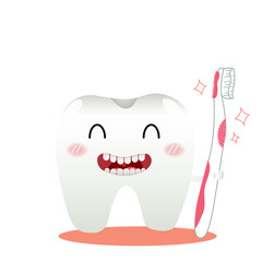 Cute cartoon with fill tooth character cleaning tooth filling tools oral dental hygiene, children dentistry concept.