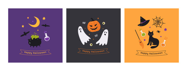 A set of greeting cards, banners for Halloween. Traditional black, orange, purple colors. Background with pumpkin, ghosts, black cat, moon, potion and cauldron. Vector cartoon cute illustration.