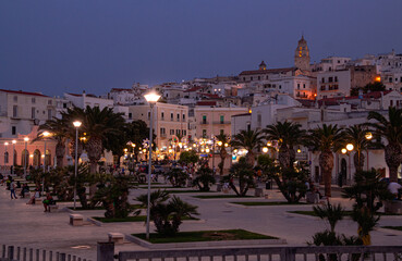 Vieste, Foggia, Italy 29 June 2021 View over historic old town on blue hour at Vieste, Gargano,...