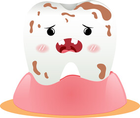 Cute cartoon dirty tooth character can not be cleaning itself oral dental hygiene, children's dentistry concept. 